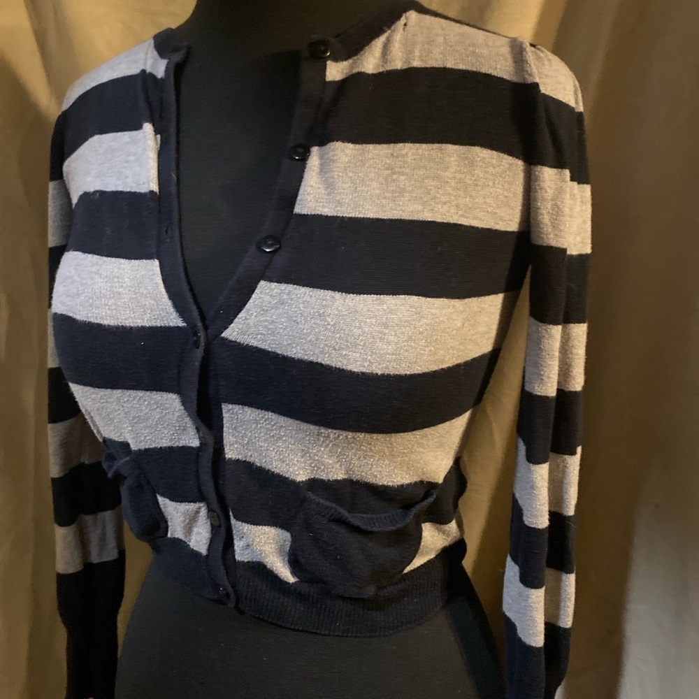 Grey + black fitted button up sweater, stretchy soft material